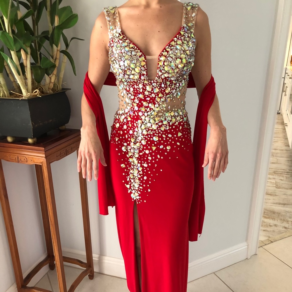 Formal Red Beaded Sleeveless Split Dress